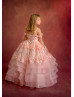 Off Shoulder Pink Beaded Lace Layered Tulle Flower Girl Dress